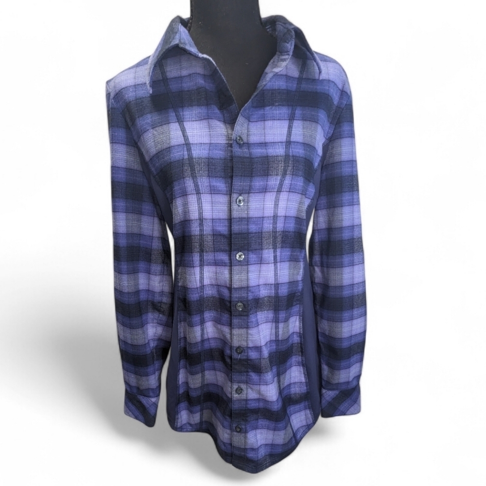 Athleta Women's Purple and Black Plaid Shirt Tunic With side Panel Size M